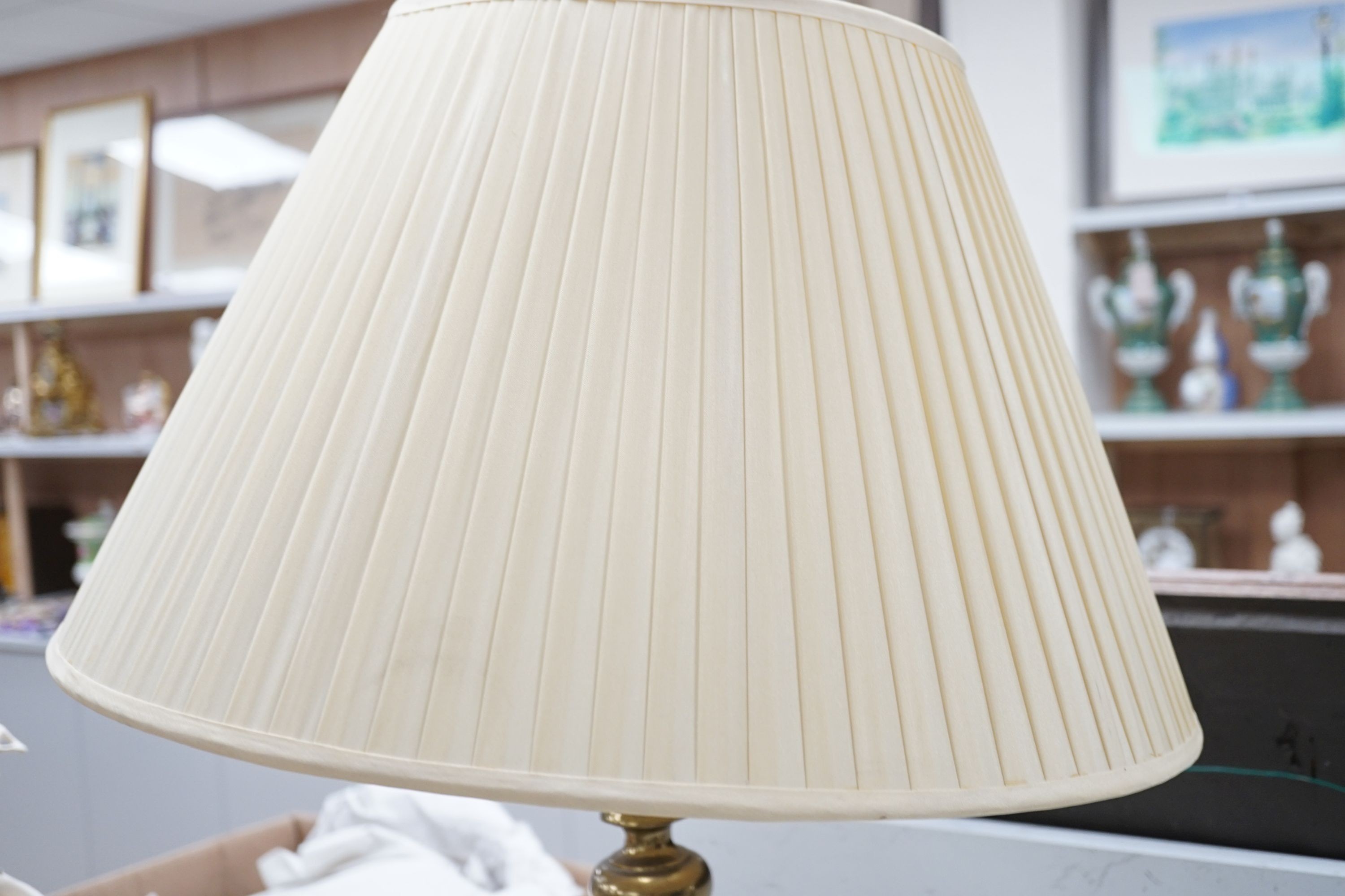 A large brass table lamp and a gilt metal and lustre hung table lamp, table lamp 50 cms high not including light fitting.